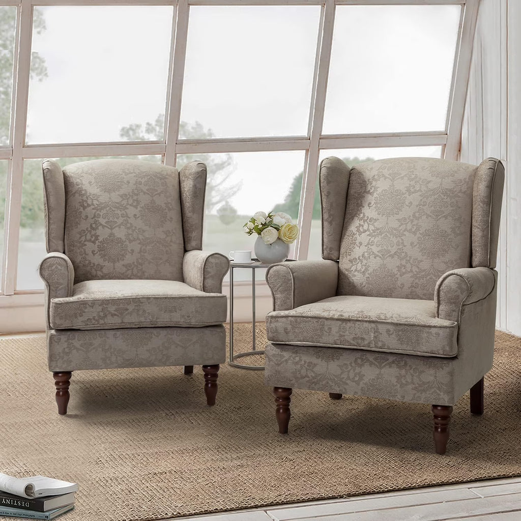 Wingback Accent Chairs Set Of 2 With Wood Legs Fabric Upholstered W43233