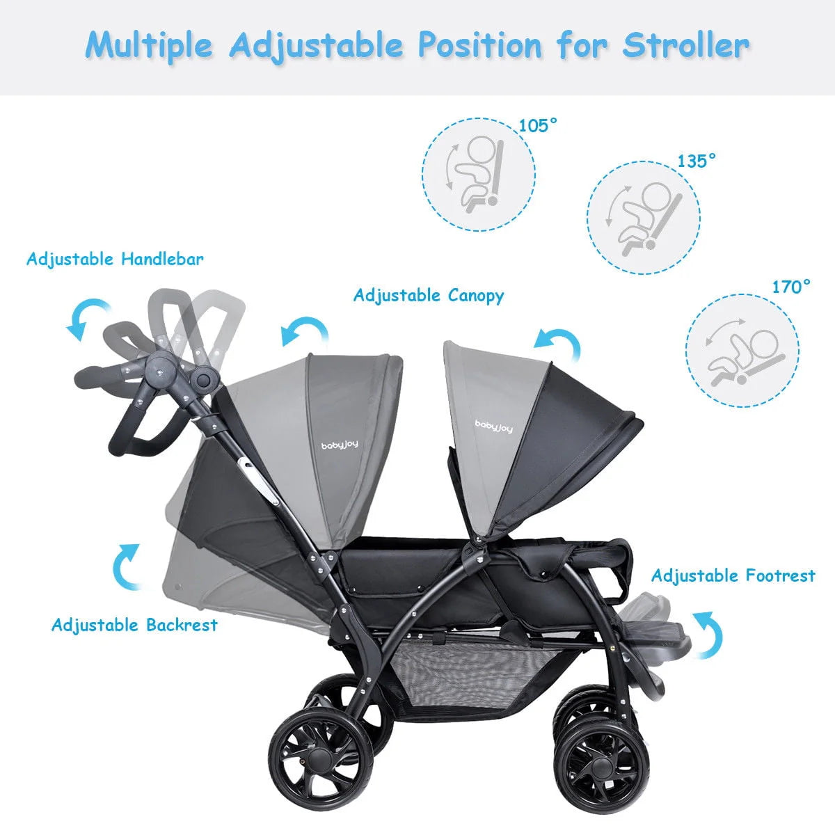 Foldable Lightweight Double Stroller Black J424