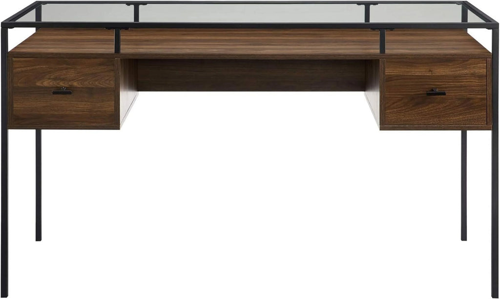 Dark Walnut Glass Top 2 Drawer Computer Desk E759