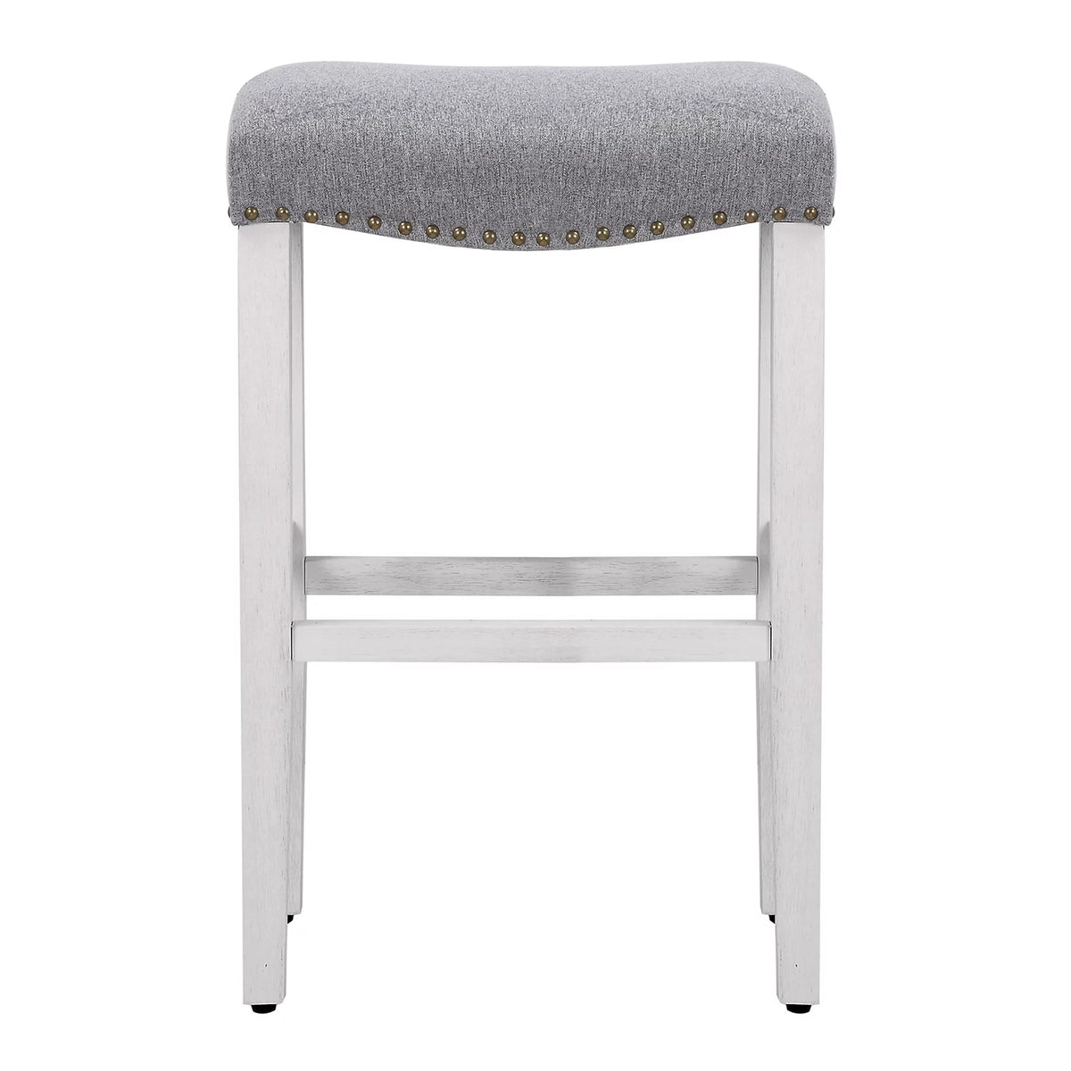 White Wooden Bar Stool Set of 2 with Gray Linen Cushion A960