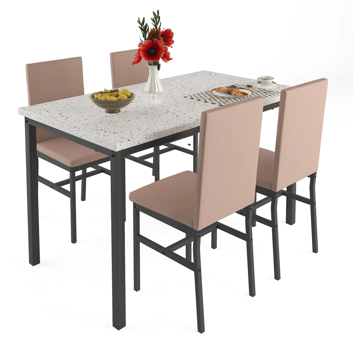 5 Piece Marble Top Dining Table Set with Faux Leather Chairs J476