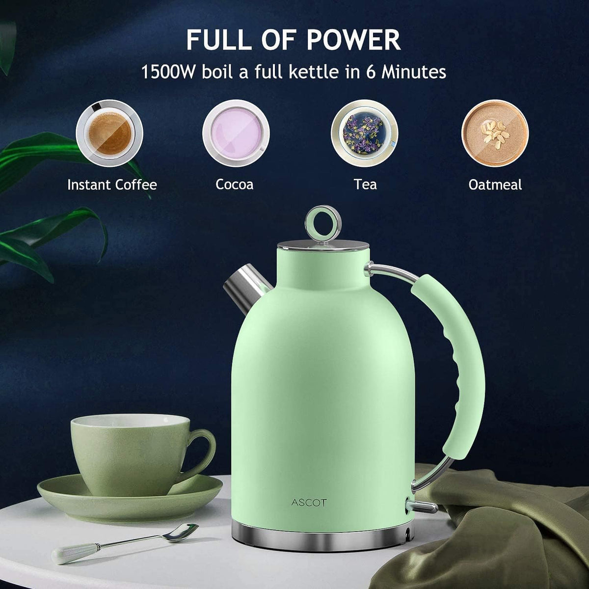 Stainless Steel 1.5L 1500W Retro Electric Kettle Matte Green Y94755