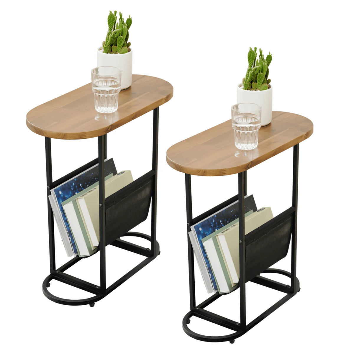Wood Oval Side Table Set of 2 with Magazine Rack T975450