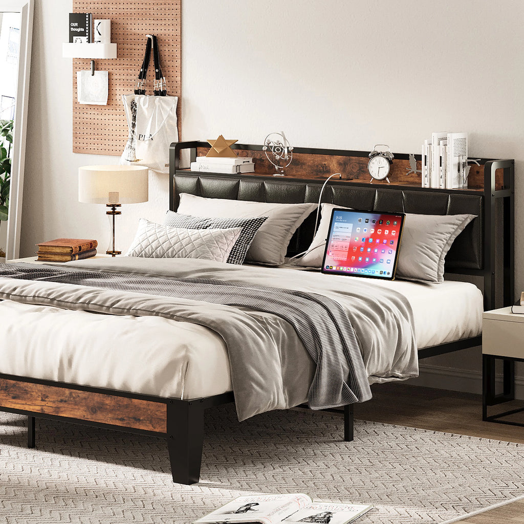 King Metal Bed Frame with Black Storage Headboard V618881