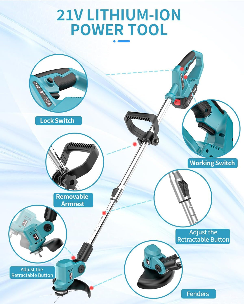 21V Cordless Electric String Trimmer with 6000mAh Battery U78865