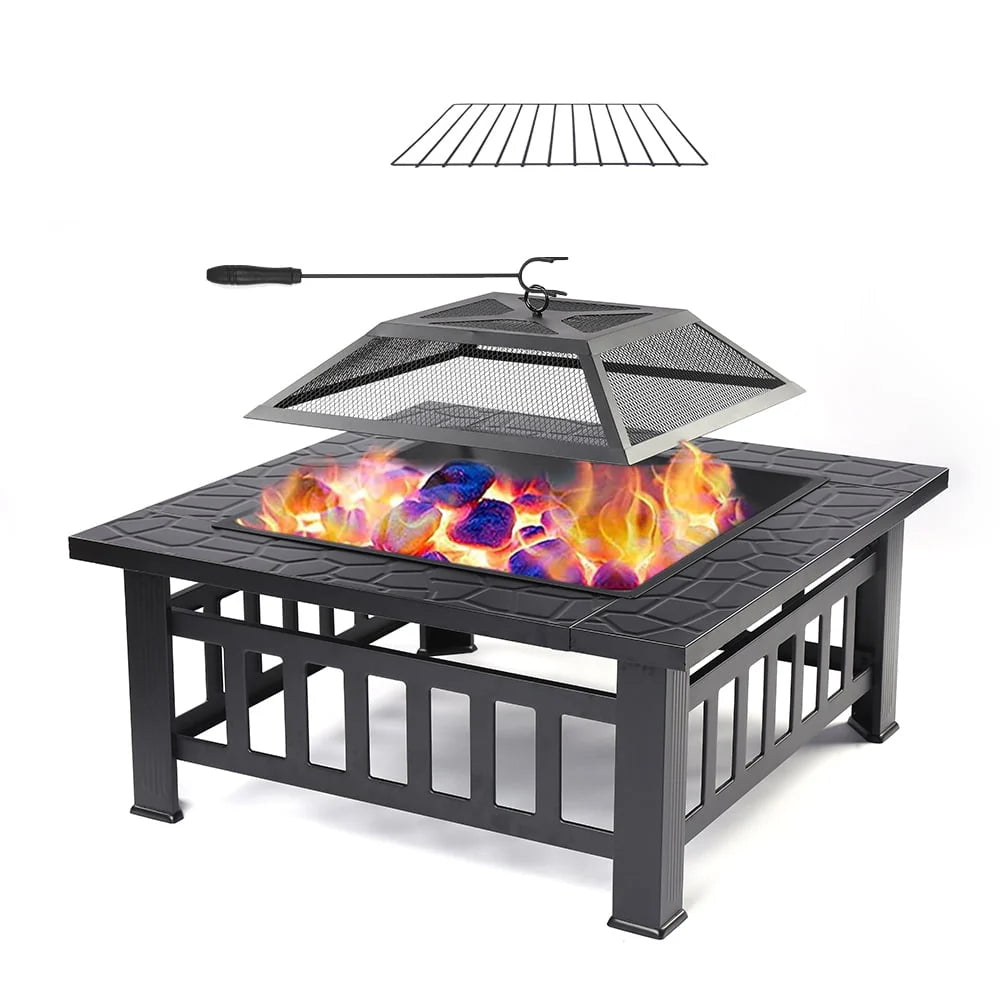 32 Square Metal Fire Pit Table with Spark Screen & Log Poker E9294
