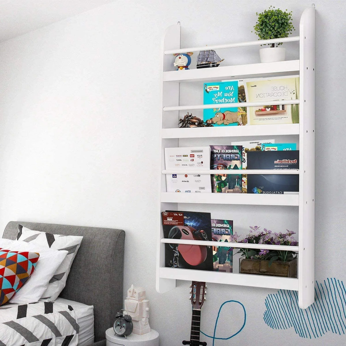 4-Tier White Wall Mounted Bookshelf Storage Rack L461573