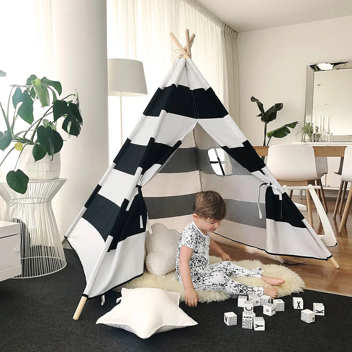 Black White Striped Kids Teepee Canvas Tent Playhouse V6552