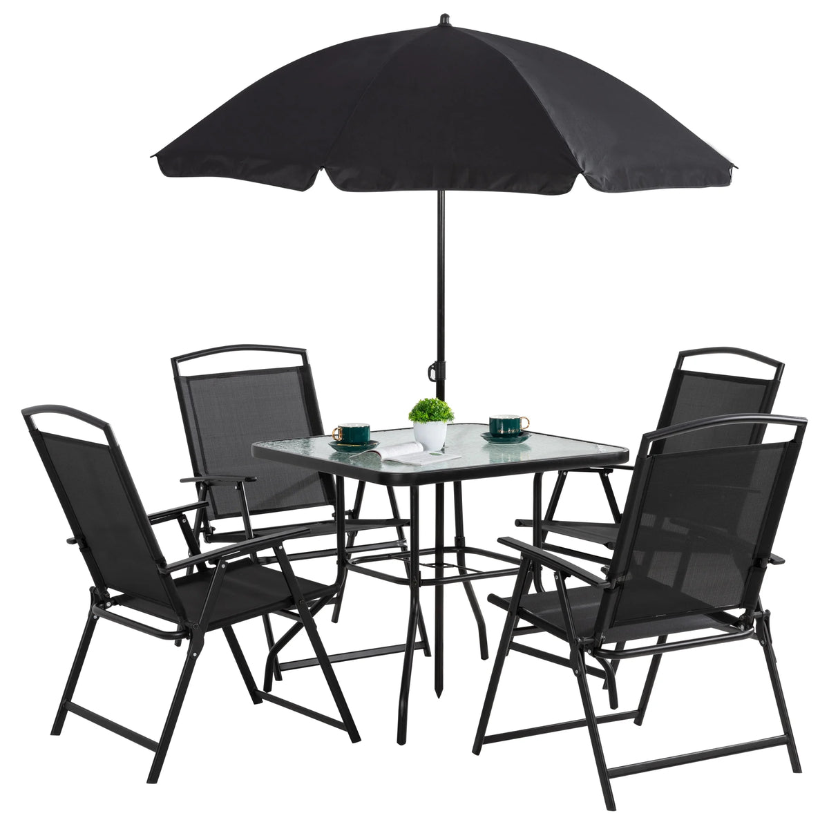 6 Piece Patio Dining Set with Umbrella, 4 Folding Chairs, Tempered Glass Top Dining Table Black P12492