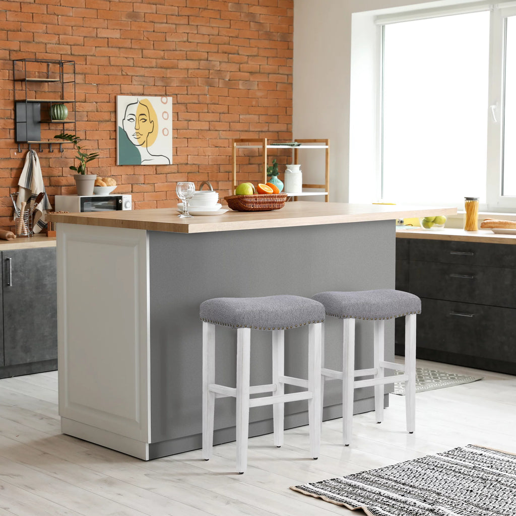 White Wooden Bar Stool Set of 2 with Gray Linen Cushion A960