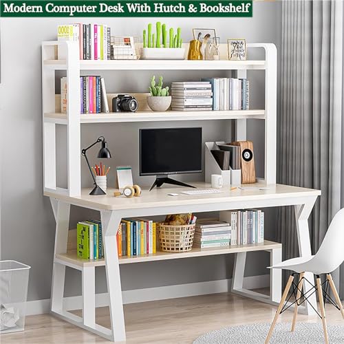 White 39 inch Wooden Computer Desk with Hutch and Bookshelf F37895