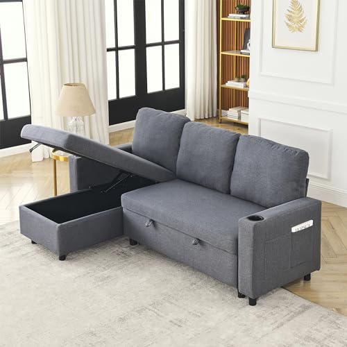 Light Grey Fabric Modular Sectional Sofa with Pullout Bed and Storage Chaise N6941