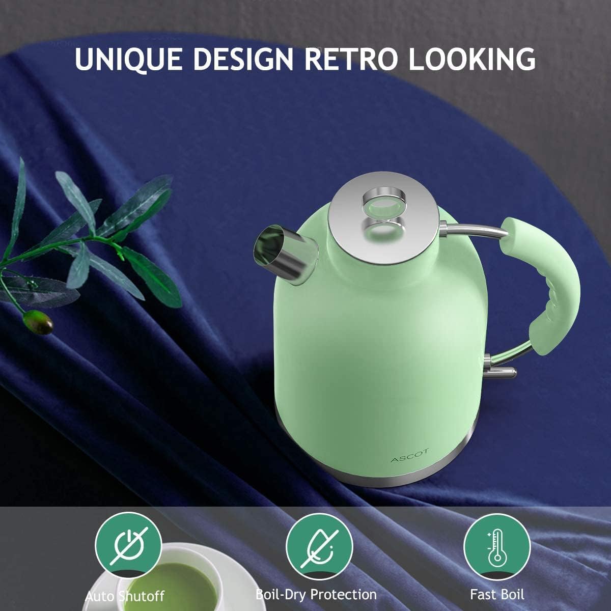 Stainless Steel 1.5L 1500W Retro Electric Kettle Matte Green Y94755