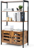 Industrial Bookshelf and Bookcase with 3 Shelves and 2 Louvered Doors, Rustic Brown V151344