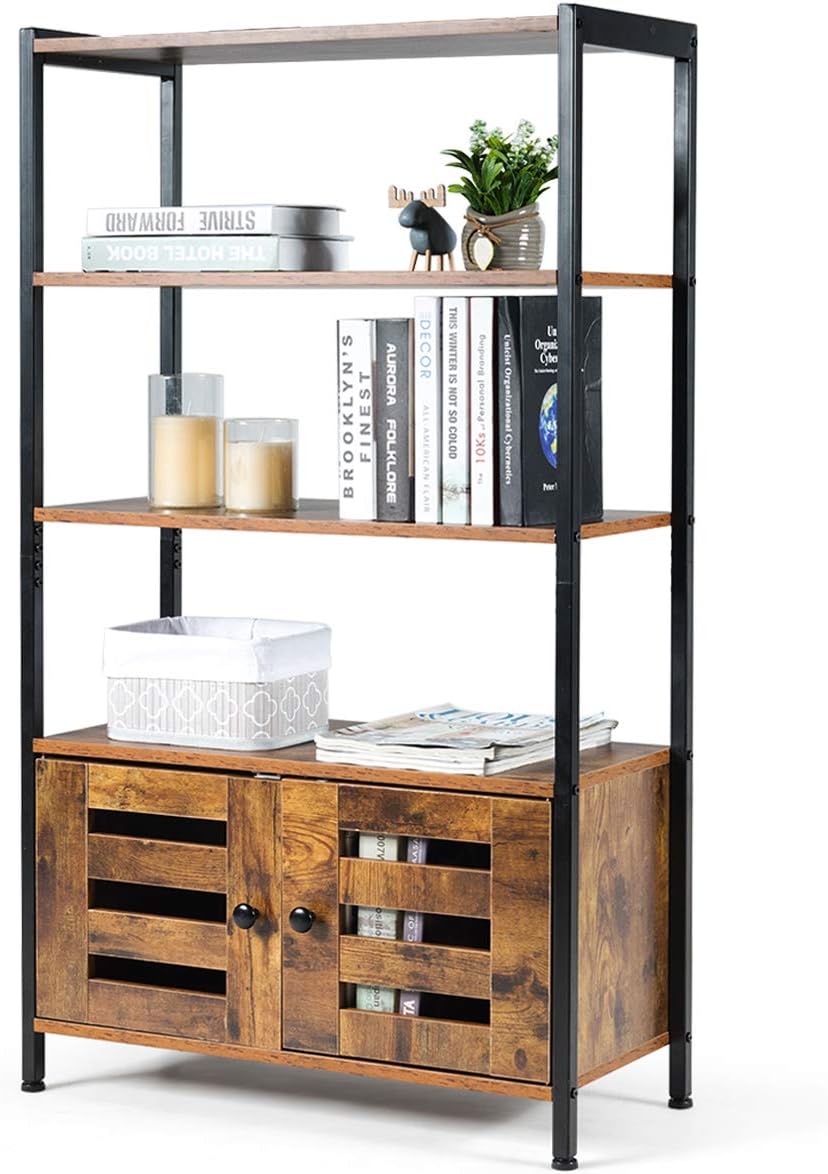 Industrial Bookshelf and Bookcase with 3 Shelves and 2 Louvered Doors, Rustic Brown V151344