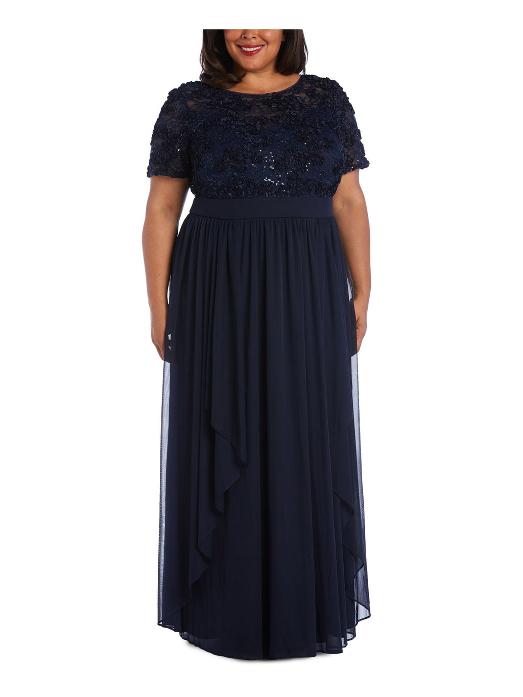 Navy Sequined Lace Short Sleeve Full-Length Evening Layered Dress Plus 20W L935