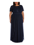 Navy Sequined Lace Short Sleeve Full-Length Evening Layered Dress Plus 20W L935