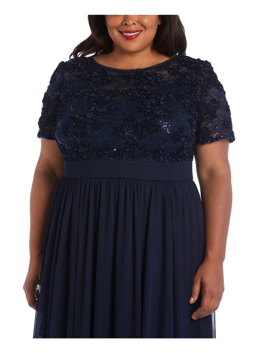 Navy Sequined Lace Short Sleeve Full-Length Evening Layered Dress Plus 20W L935