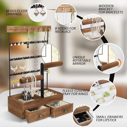 Jewelry Holder Organizer with Mirror, 9 Hooks, 2 Drawers, 4 Tier M813