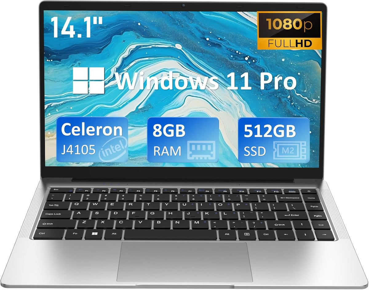 14.1" FHD IPS LCD Windows Laptop Computer, 8GB DDR4 RAM, 512GB M.2 SATA SSD, Intel Celeron J4105 Processor V44683