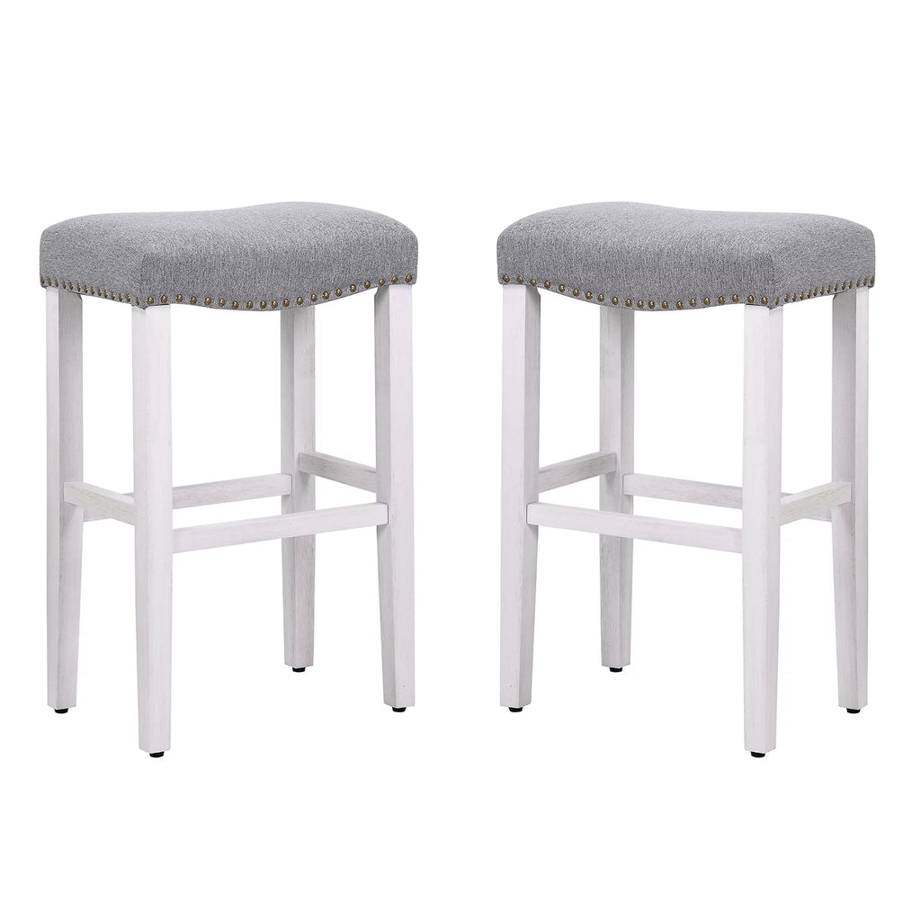 White Wooden Bar Stool Set of 2 with Gray Linen Cushion A960