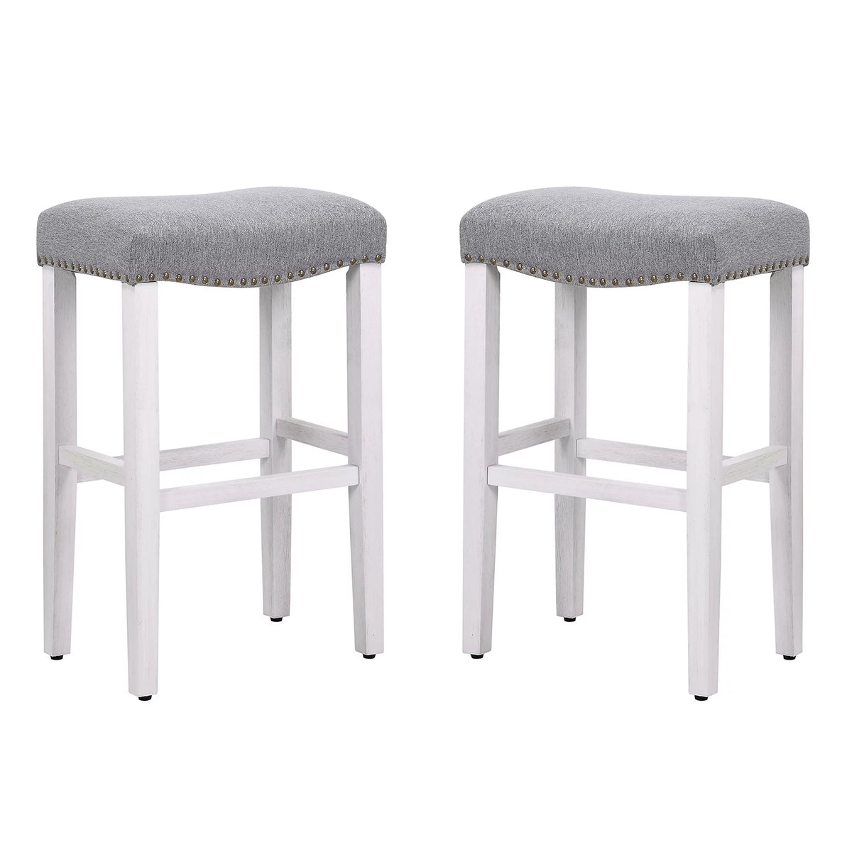 White Wooden Bar Stool Set of 2 with Gray Linen Cushion A960