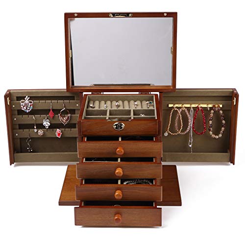 Solid Wood Jewelry Box with Combo Lock and Mirror (Cherry) N673