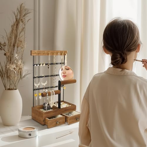 Jewelry Holder Organizer with Mirror, 9 Hooks, 2 Drawers, 4 Tier M813