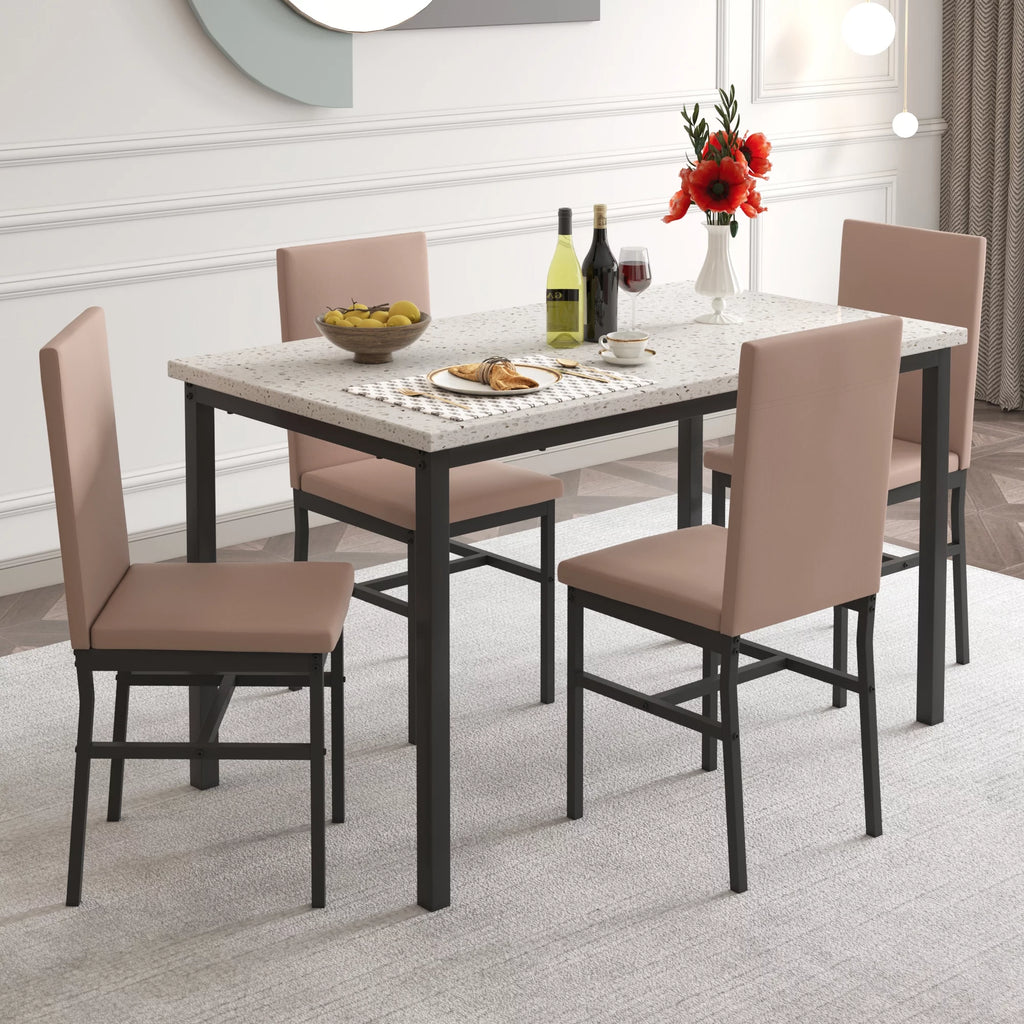 5 Piece Marble Top Dining Table Set with Faux Leather Chairs J476