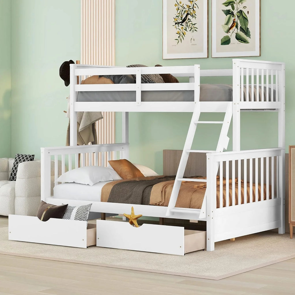White Full Solid Wood Bed with Drawers and Ladders Y32205