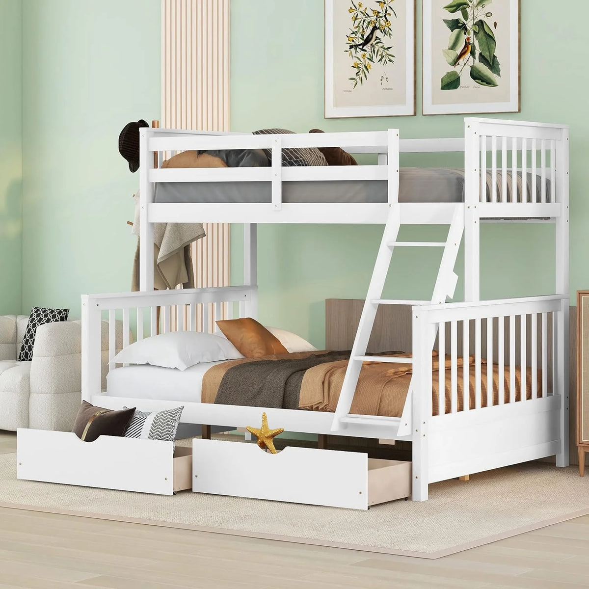 White Full Solid Wood Bed with Drawers and Ladders Y32205