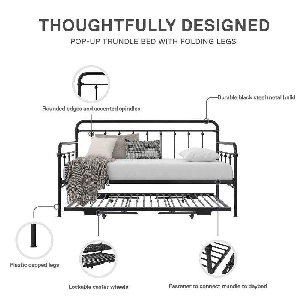 Twin Black Metal Daybed with Pop Up Trundle Bed Y565572