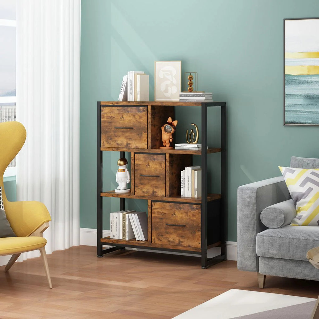 4 Tier Wood & Metal Bookshelf with Drawers E589