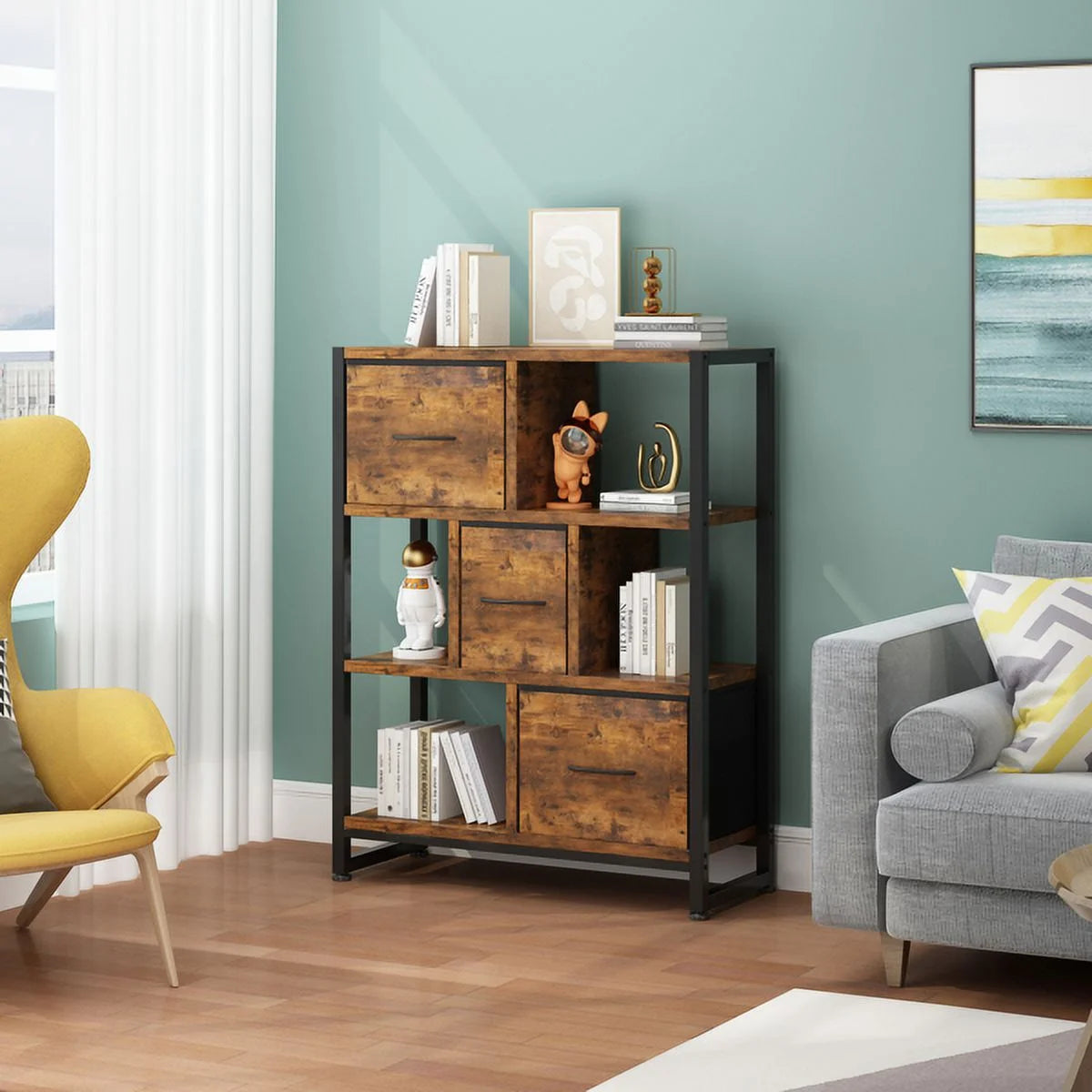 4 Tier Wood & Metal Bookshelf with Drawers E589