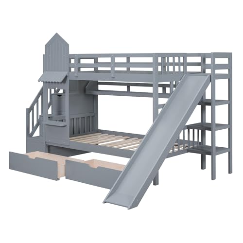 Full-Over-Full Wood Bunk Bed with Slide and Storage Staircase B7302
