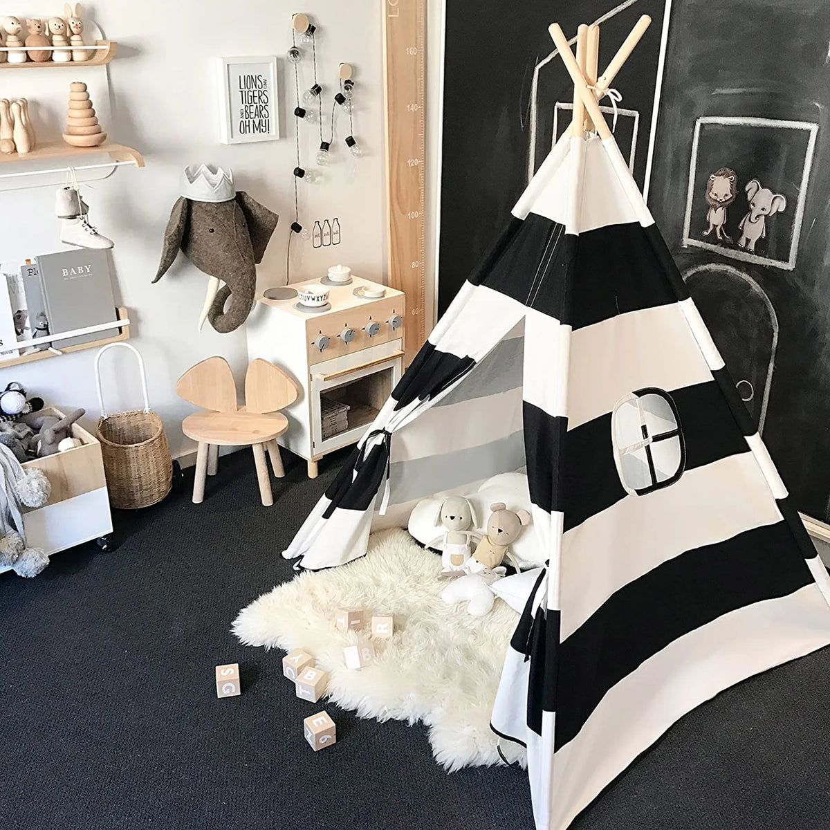 Black White Striped Kids Teepee Canvas Tent Playhouse V6552