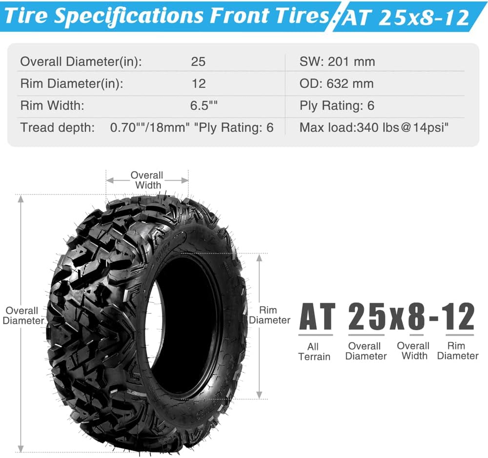 2PCS 25x8-12 All Terrain ATV UTV Tires 6PR X68690