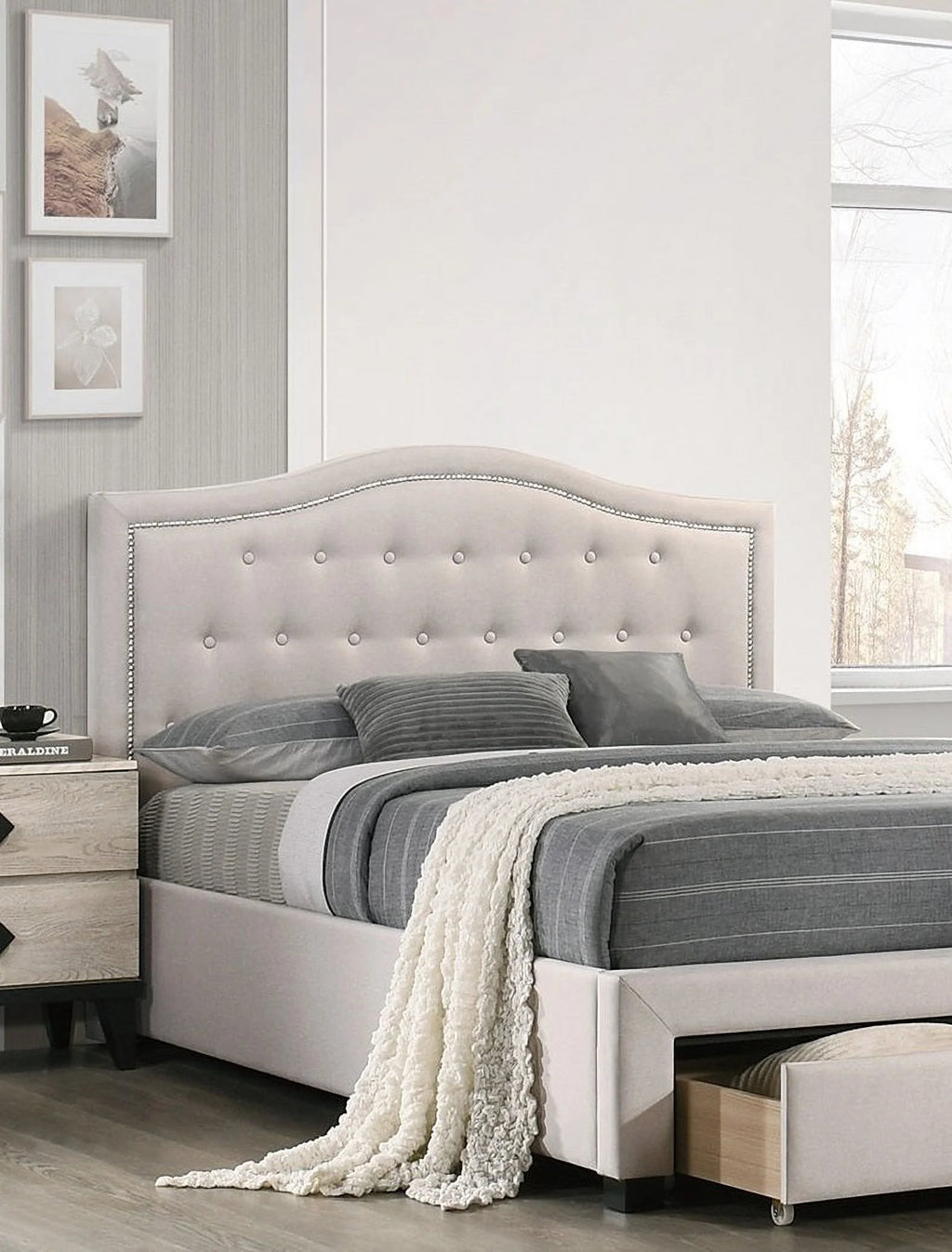Queen Size Bed with Drawer Button Tufted Light Brown Q198342