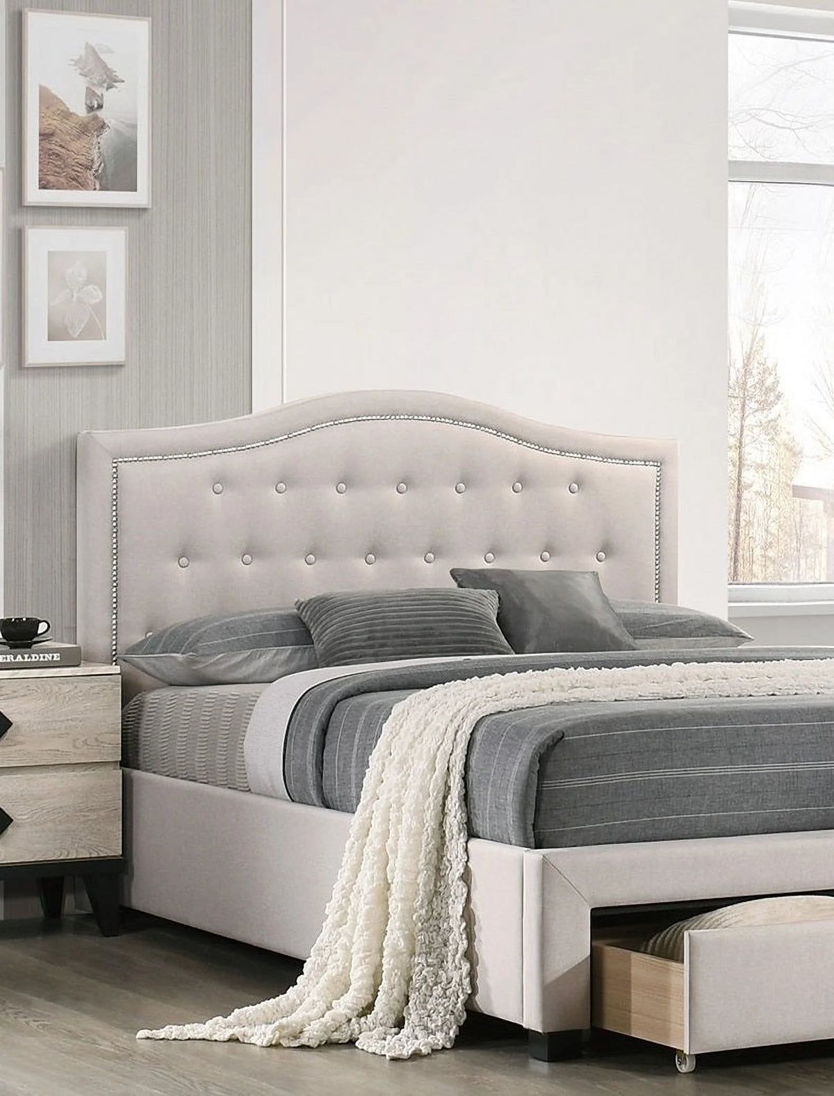 Queen Size Bed with Drawer Button Tufted Light Brown Q198342