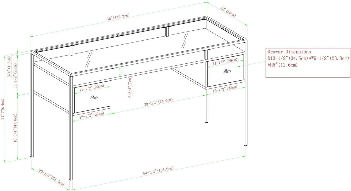 Dark Walnut Glass Top 2 Drawer Computer Desk E759