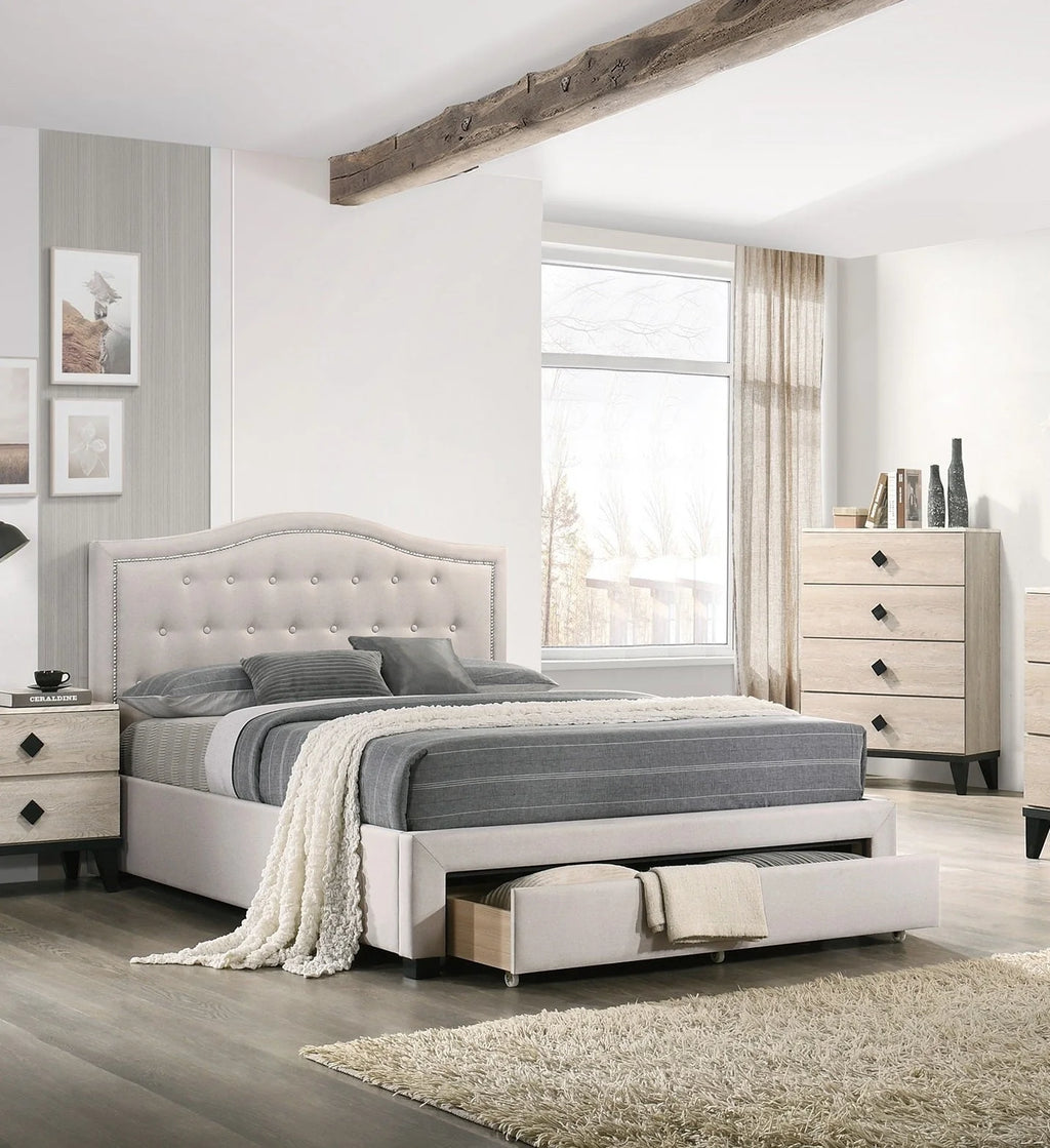 Queen Size Bed with Drawer Button Tufted Light Brown Q198342