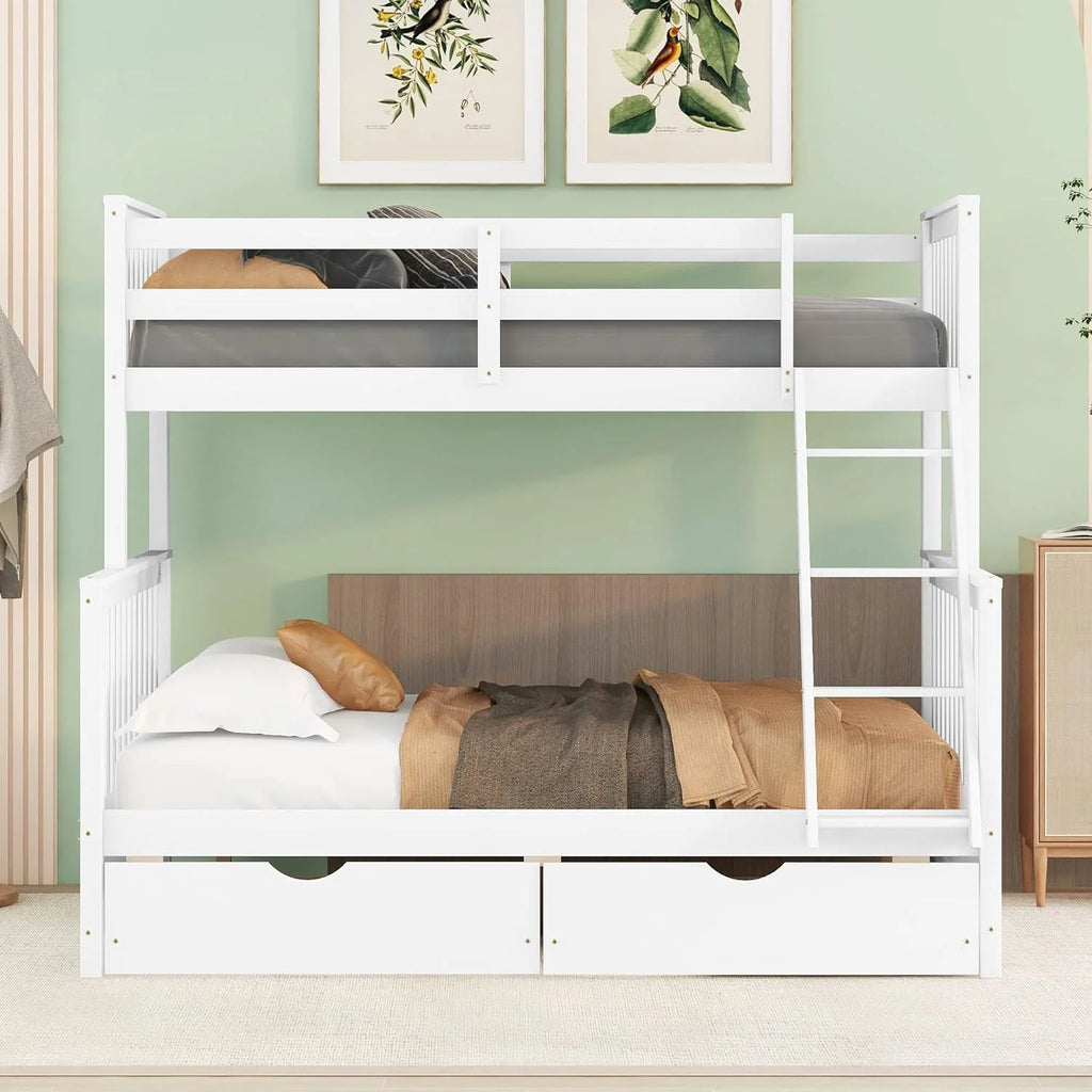 White Full Solid Wood Bed with Drawers and Ladders Y32205