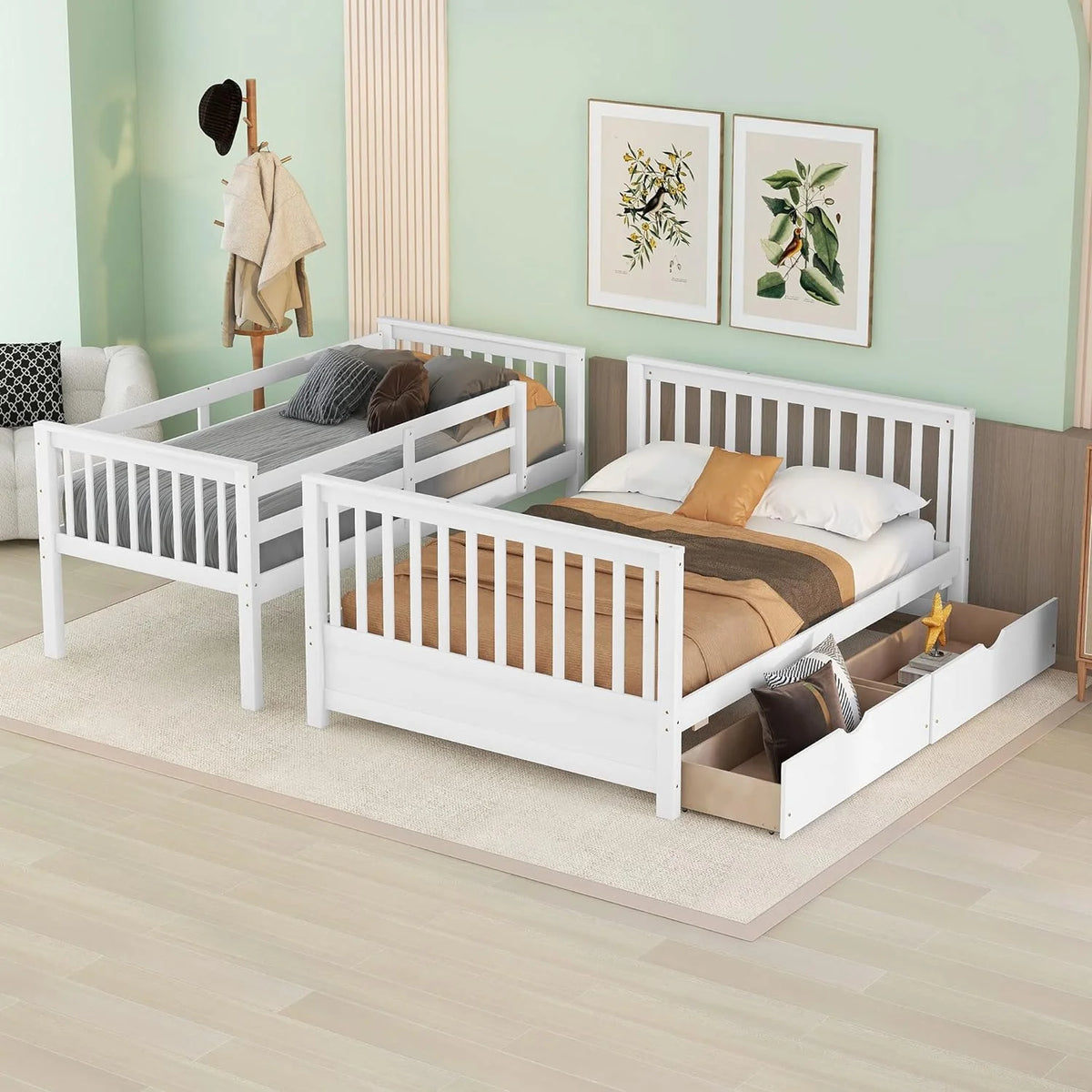 White Full Solid Wood Bed with Drawers and Ladders Y32205