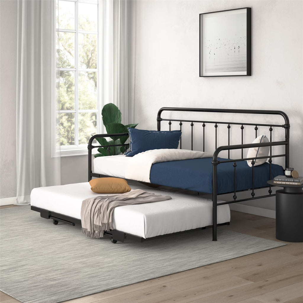 Twin Black Metal Daybed with Pop Up Trundle Bed Y565572