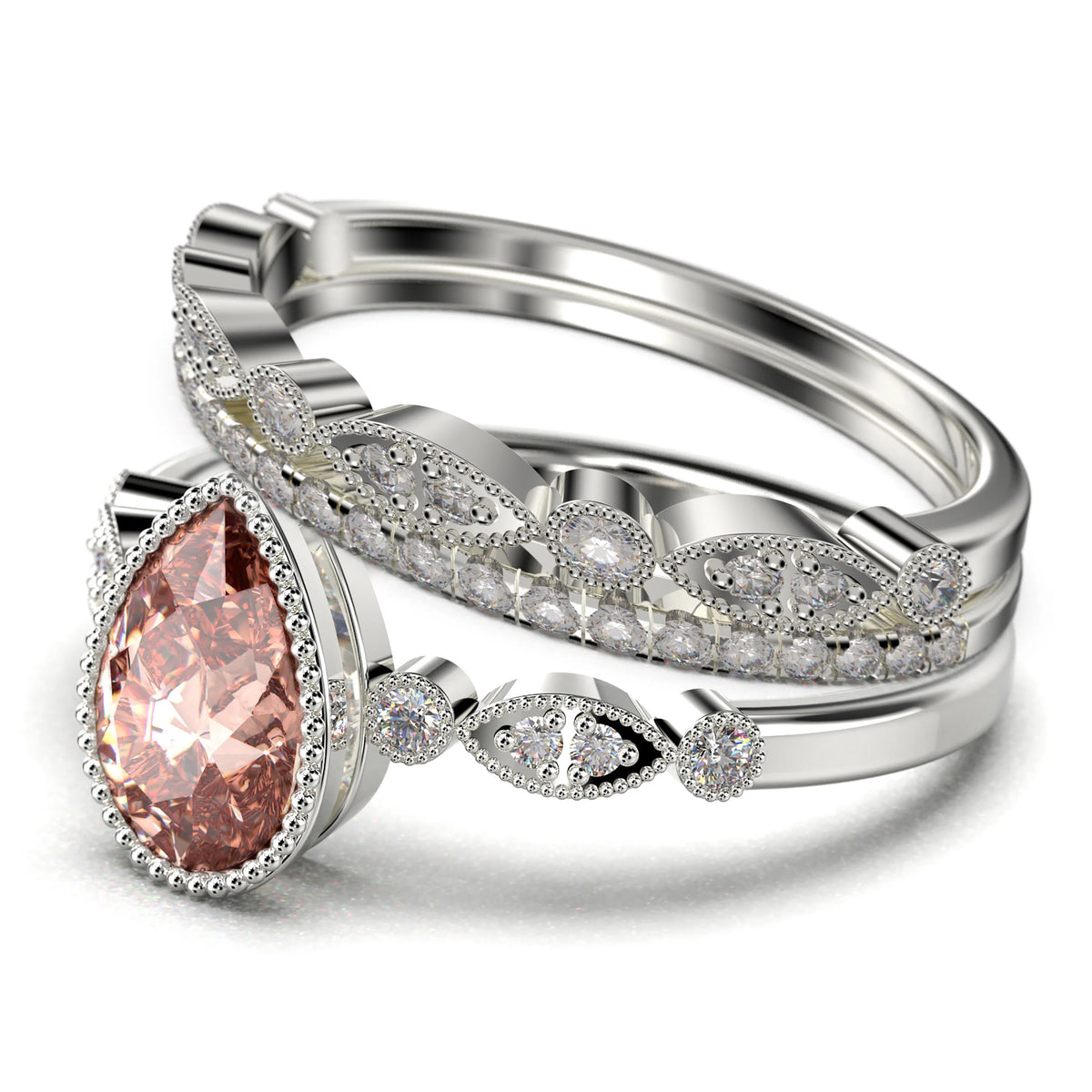 2.25 Carat Pear Cut Morganite And Diamond Moissanite Engagement Ring In 925 Sterling Silver With 18k White Gold Plating J9607