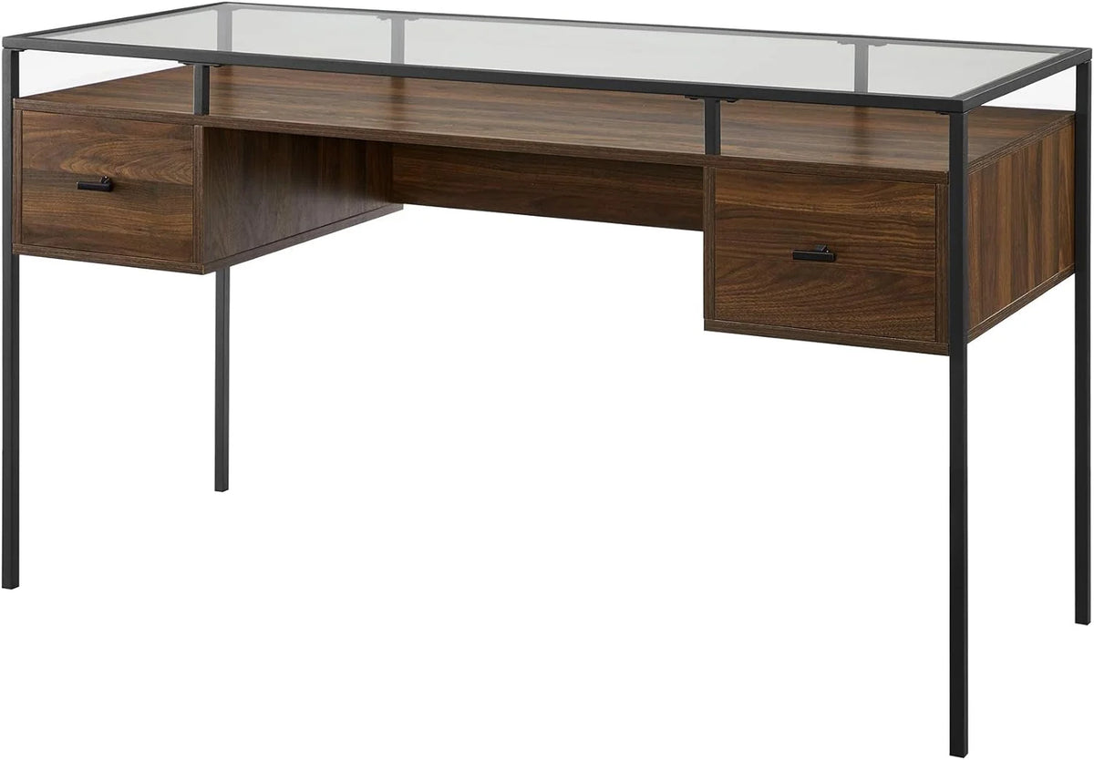 Dark Walnut Glass Top 2 Drawer Computer Desk E759