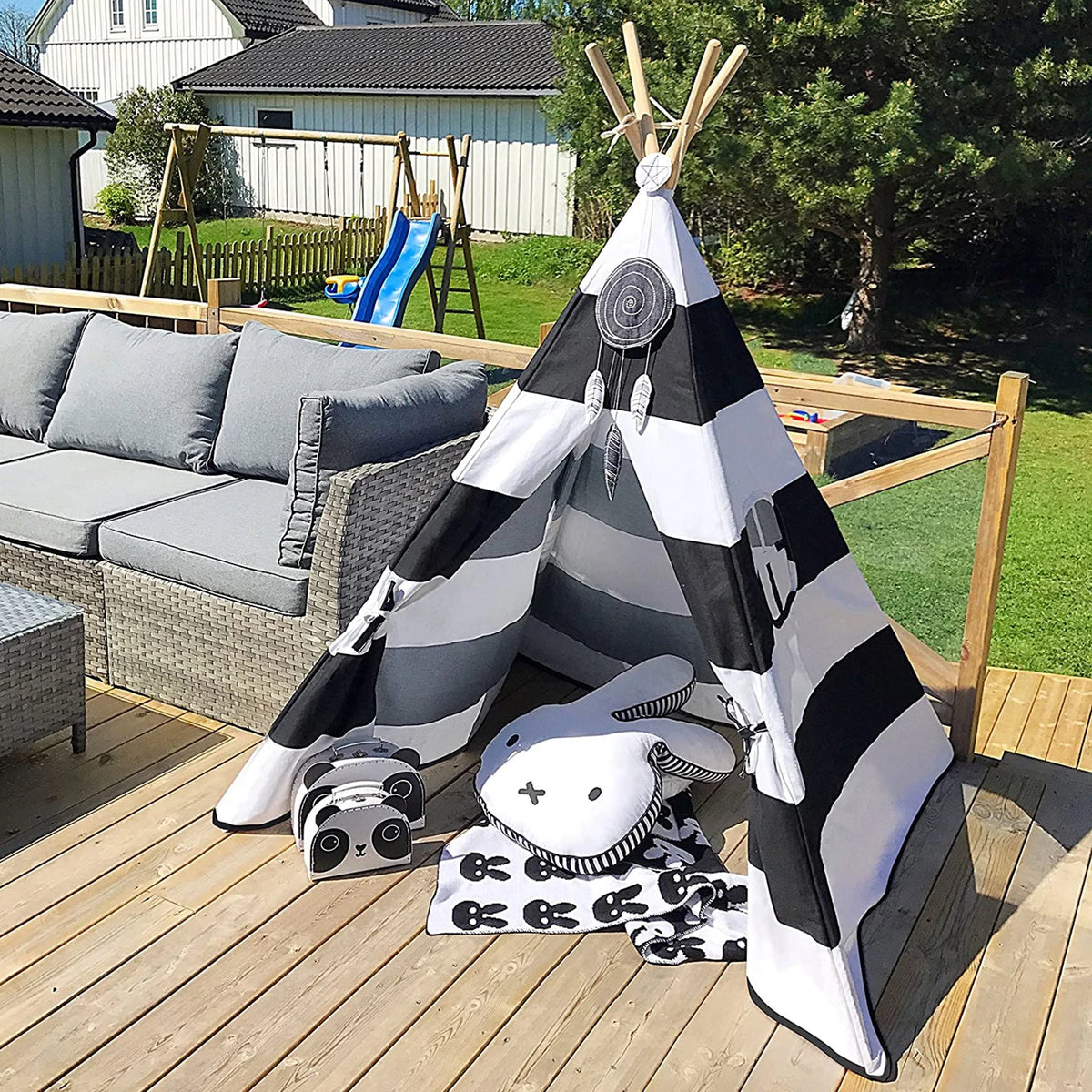 Black White Striped Kids Teepee Canvas Tent Playhouse V6552
