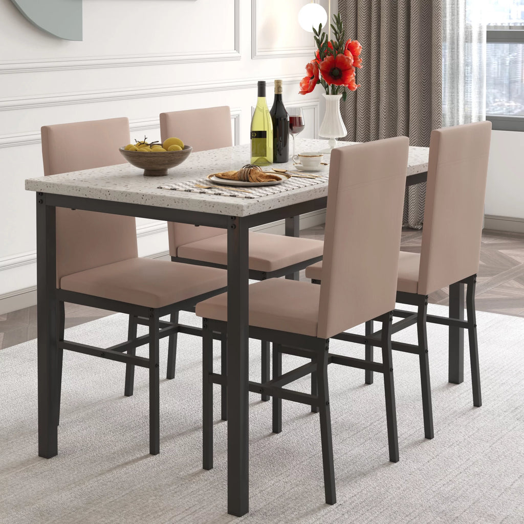 5 Piece Marble Top Dining Table Set with Faux Leather Chairs J476