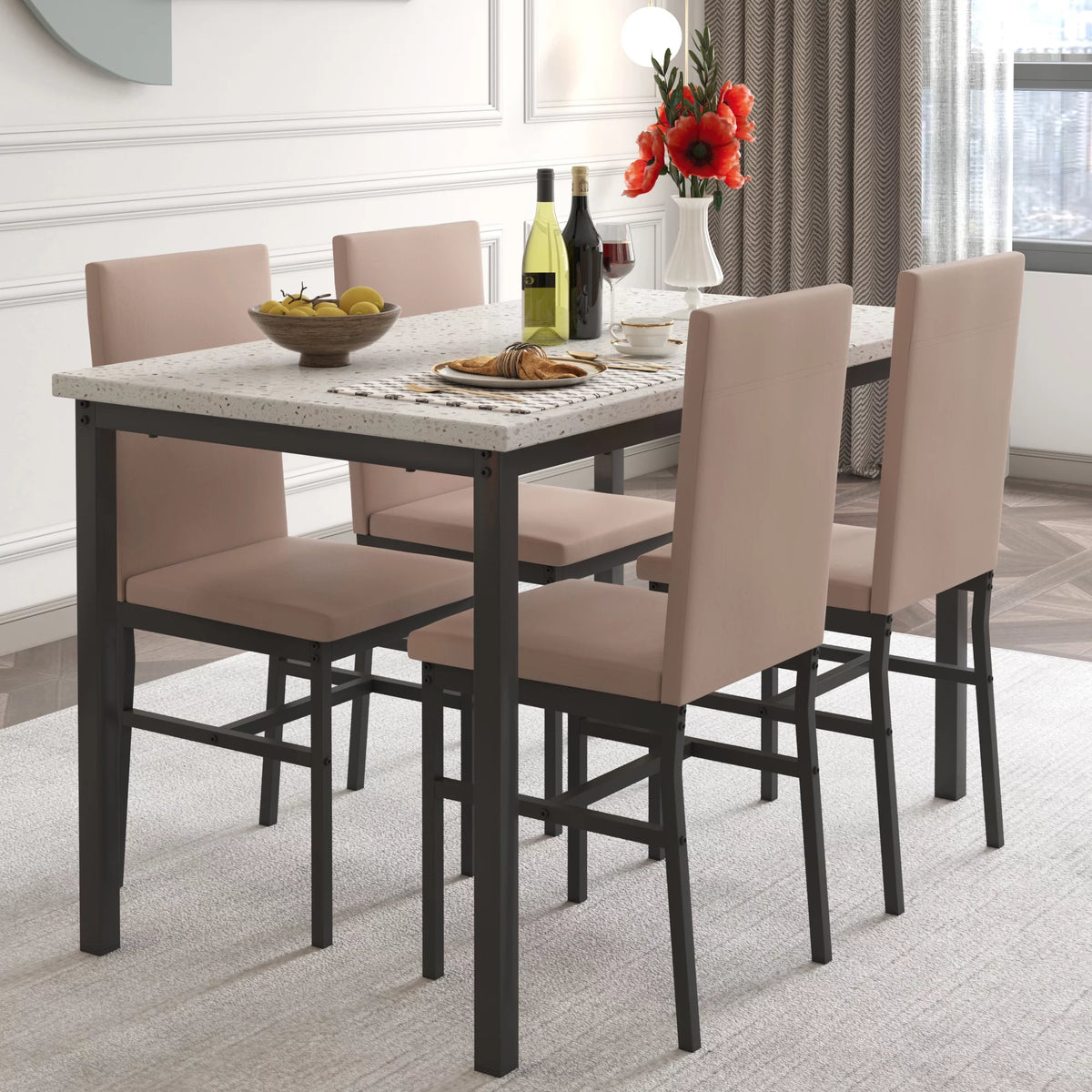 5 Piece Marble Top Dining Table Set with Faux Leather Chairs J476
