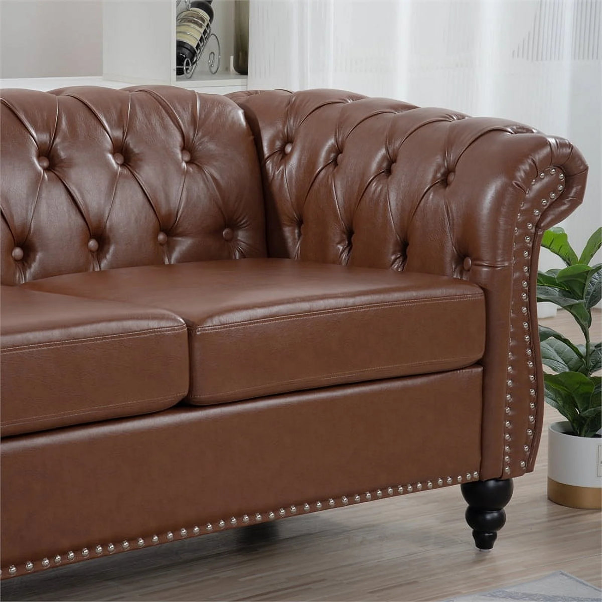 Brown PU Rolled Arm Chesterfield Three Seater Sofa K851